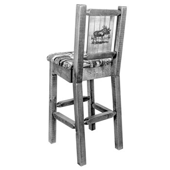 Homestead Barstool w/ Back, Woodland Upholstery Seat & Laser Engraved Moose Design - Clear Lacquer Finish