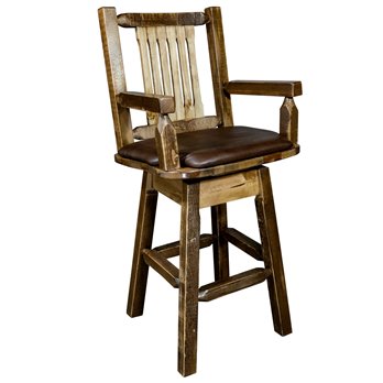 Homestead Captain's Barstool w/ Back, Swivel & Upholstered Seat in Saddle Pattern - Stain & Lacquer Finish