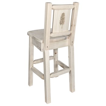 Homestead Counter Height Barstool w/ Back & Laser Engraved Pine Tree Design - Clear Lacquer Finish