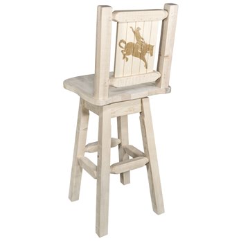 Homestead Counter Height Barstool w/ Back, Swivel, & Laser Engraved Bronc Design - Clear Lacquer Finish