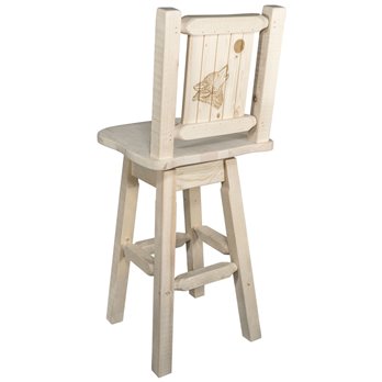 Homestead Counter Height Barstool w/ Back, Swivel, & Laser Engraved Wolf Design - Clear Lacquer Finish