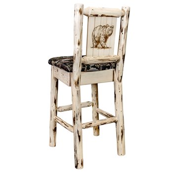 Montana Barstool w/ Back, Woodland Upholstery Seat & Laser Engraved Bear Design - Clear Lacquer Finish