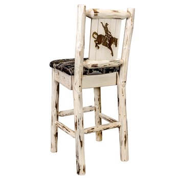 Montana Barstool w/ Back, Woodland Upholstery Seat & Laser Engraved Bronc Design - Clear Lacquer Finish