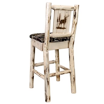 Montana Barstool w/ Back, Woodland Upholstery Seat & Laser Engraved Elk Design - Clear Finish