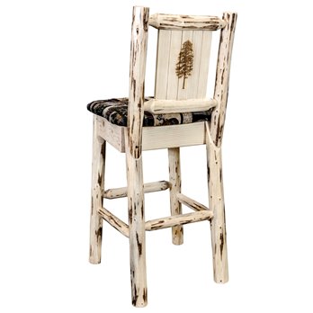 Montana Barstool w/ Back, Woodland Upholstery Seat & Laser Engraved Pine Tree Design - Clear Lacquer Finish
