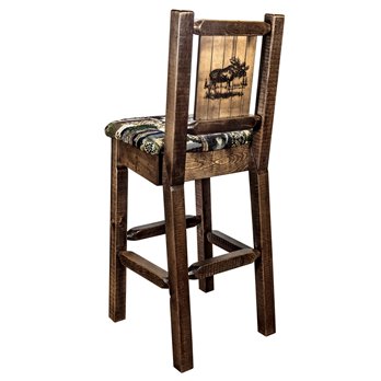 Homestead Barstool w/ Back, Woodland Upholstery Seat & Laser Engraved Moose Design - Stain & Lacquer Finish