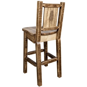 Homestead Counter Height Barstool w/ Back & Laser Engraved Pine Tree Design - Stain & Lacquer Finish
