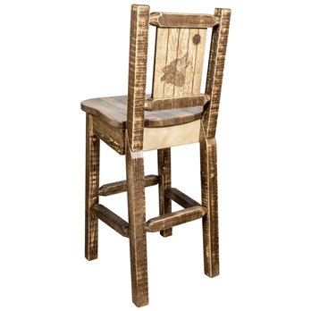 Homestead Counter Height Barstool w/ Back & Laser Engraved Wolf Design - Stain & Lacquer Finish