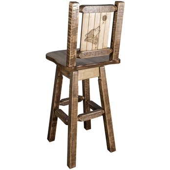 Homestead Counter Height Barstool w/ Back, Swivel, & Laser Engraved Wolf Design - Stain & Lacquer Finish