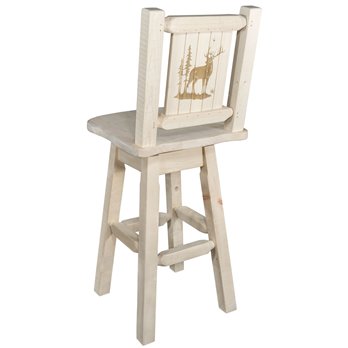 Homestead Counter Height Barstool w/ Back, Swivel, & Laser Engraved Elk Design - Clear Lacquer Finish