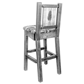 Homestead Barstool w/ Back, Woodland Upholstery Seat & Laser Engraved Pine Tree Design - Clear Lacquer Finish