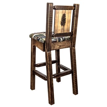 Homestead Barstool w/ Back, Woodland Upholstery Seat & Laser Engraved Pine Tree Design - Stain & Lacquer Finish