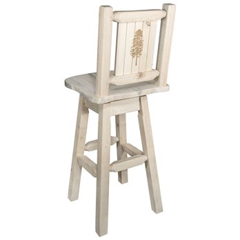 Homestead Barstool w/ Back, Swivel, & Laser Engraved Pine Tree Design - Clear Lacquer Finish