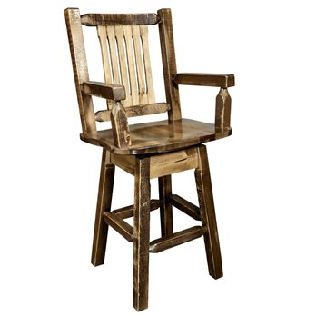 Homestead Captain's Barstool w/ Back, Swivel & Upholstered Seat in Woodland Pattern - Stain & Lacquer Finish