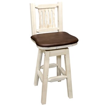 Homestead Barstool w/ Back, Swivel & Upholstered Seat in Saddle Pattern - Clear Lacquer Finish