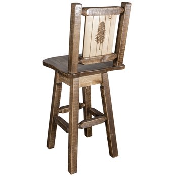 Homestead Barstool w/ Back, Swivel, & Laser Engraved Pine Tree Design - Stain & Lacquer Finish