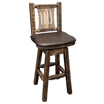 Homestead Barstool w/ Back, Swivel & Upholstered Seat in Saddle Pattern - Stain & Clear Lacquer Finish