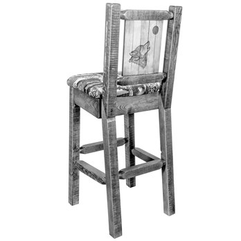 Homestead Barstool w/ Back, Woodland Upholstery Seat & Laser Engraved Wolf Design - Clear Lacquer Finish