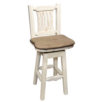 Homestead Barstool w/ Back, Swivel, & Upholstered Seat in Buckskin Pattern - Clear Lacquer Finish