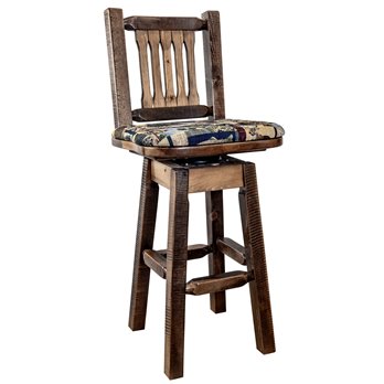 Homestead Barstool w/ Back, Swivel & Upholstered Seat in Woodland Pattern - Stain & Clear Lacquer Finish