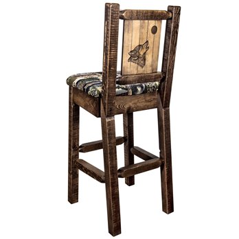 Homestead Barstool w/ Back, Woodland Upholstery Seat & Laser Engraved Wolf Design - Stain & Lacquer Finish