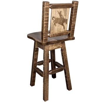 Homestead Counter Height Barstool w/ Back, Swivel, & Laser Engraved Bronc Design - Stain & Lacquer Finish