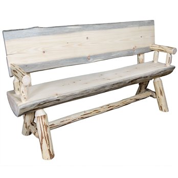 Montana Half Log 5 Foot Bench w/ Back & Arms - Clear Lacquer Finish