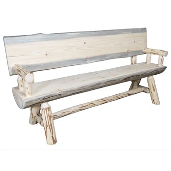 Montana Half Log 6 Foot Bench w/ Back & Arms - Clear Lacquer Finish