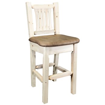 Homestead Barstool w/ Back & Upholstered Seat in Buckskin Pattern- Clear Lacquer Finish