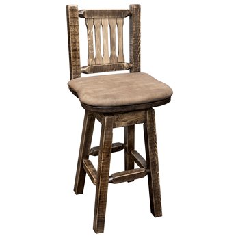 Homestead Barstool w/ Back, Swivel, & Upholstered Seat in Buckskin Pattern - Stain & Clear Lacquer Finish