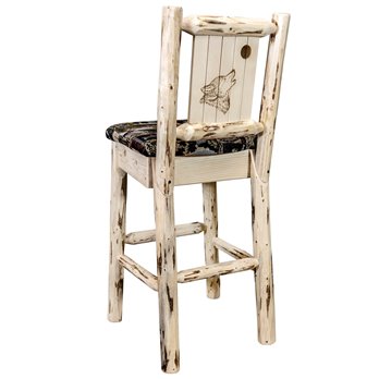 Montana Barstool w/ Back, Woodland Upholstery Seat & Laser Engraved Wolf Design - Clear Lacquer Finish