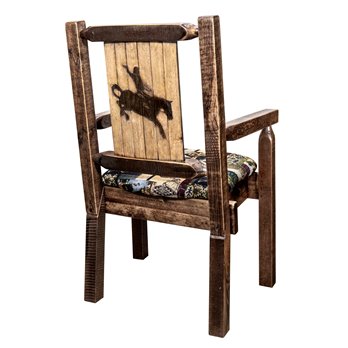 Homestead Captain's Chair w/ Woodland Upholst.  & Laser Engraved Bronc - Stain & Lacquer Finish
