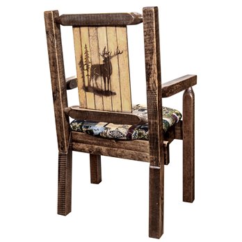 Homestead Captain's Chair w/ Woodland Upholstery & Laser Engraved Elk Design - Stain & Lacquer Finish