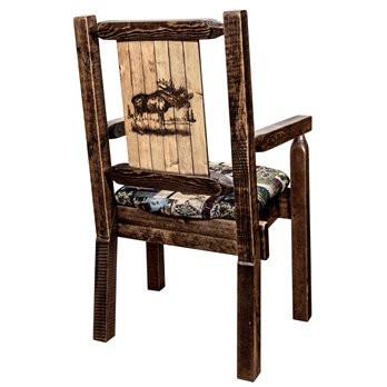 Homestead Captain's Chair w/ Woodland Upholstery & Engraved Moose Design - Stain & Clear Finish
