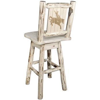 Montana Barstool w/ Back, Swivel & Laser Engraved Bronc Design - Clear Lacquer Finish