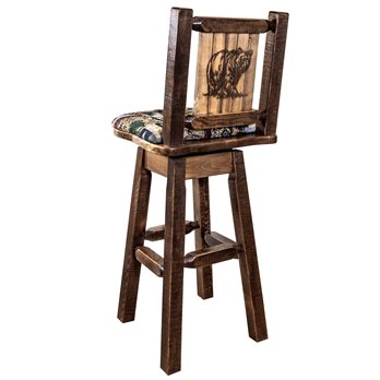 Homestead Barstool w/ Back, Swivel, Woodland Pattern Upholstery & Laser Engraved Bear Design