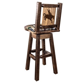 Homestead Barstool w/ Back, Swivel, Woodland Pattern Upholstery & Laser Engraved Bronc Design