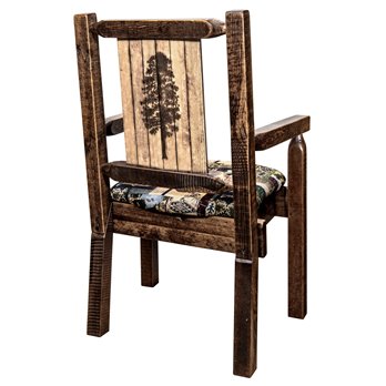 Homestead Captain's Chair w/ Woodland Upholstery & Laser Engraved Pine Tree Design - Stain & Lacquer Finish