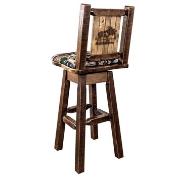 Homestead Barstool w/ Back, Swivel, Woodland Pattern Upholstery & Laser Engraved Moose Design