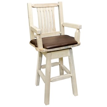 Homestead Captain's Barstool w/ Back, Swivel & Upholstered Seat in Saddle Pattern - Clear Lacquer Finish