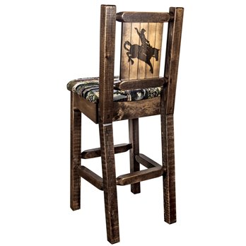 Homestead Barstool w/ Back, Woodland Upholstery Seat & Laser Engraved Bronc Design - Stain & Lacquer Finish