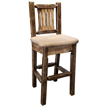 Homestead Barstool w/ Back & Upholstered Seat in Buckskin Pattern- Stain & Clear Lacquer Finish
