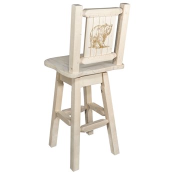 Homestead Barstool w/ Back, Swivel & Laser Engraved Bear Design - Clear Lacquer Finish