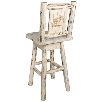 Montana Barstool w/ Back, Swivel, & Laser Engraved Moose Design - Clear Lacquer Finish