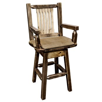 Homestead Captain's Barstool w/ Back, Swivel, & Upholstered Seat in Buckskin Pattern - Stain & Lacquer Finish