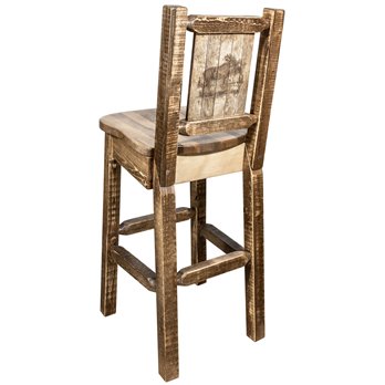 Homestead Barstool w/ Back & Laser Engraved Moose Design - Stain & Lacquer Finish