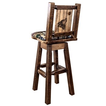 Homestead Barstool w/ Back, Swivel, Woodland Pattern Upholstery & Laser Engraved Wolf Design