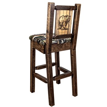 Homestead Barstool w/ Back, Woodland Upholstery Seat & Laser Engraved Bear Design - Stain & Lacquer Finish
