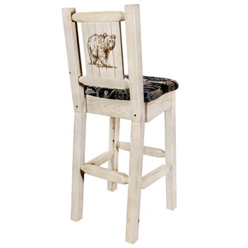 Homestead Barstool w/ Back, Woodland Upholstery Seat & Laser Engraved Bear Design - Clear Lacquer Finish