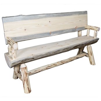 Montana Half Log 4 Foot Bench w/ Back & Arms - Clear Lacquer Finish